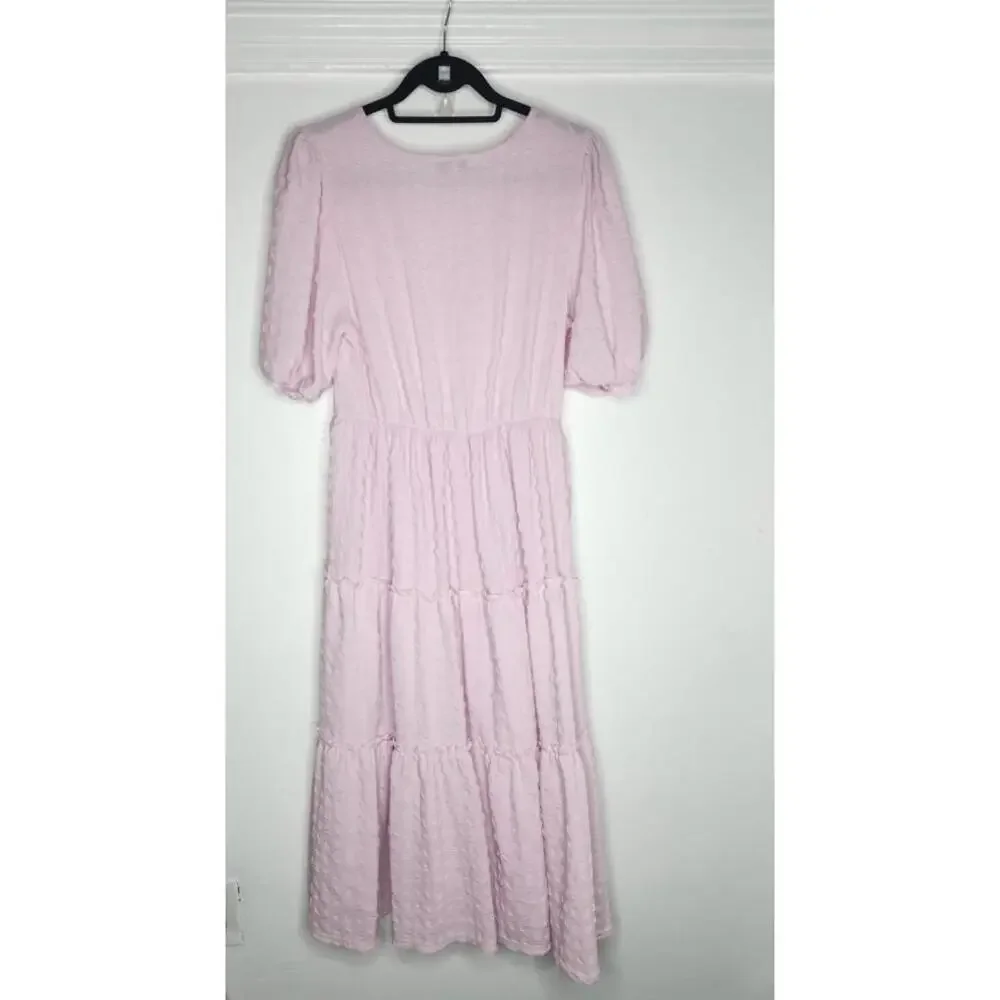 Ophelia Roe Dress Womens Medium Pink Textured Tiered Midi V Neck Puff Sleeve